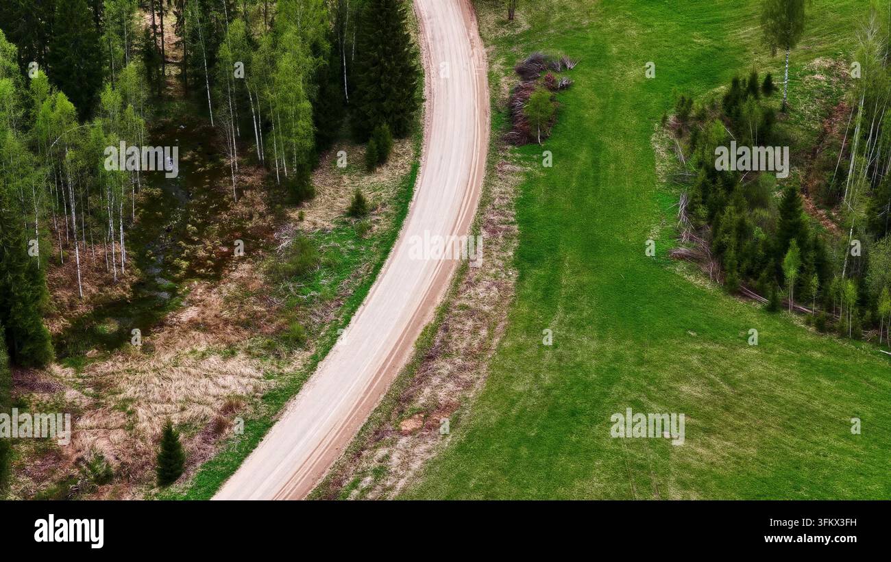 Aerial view of a winding dirt road cutting through a lush green forest ...