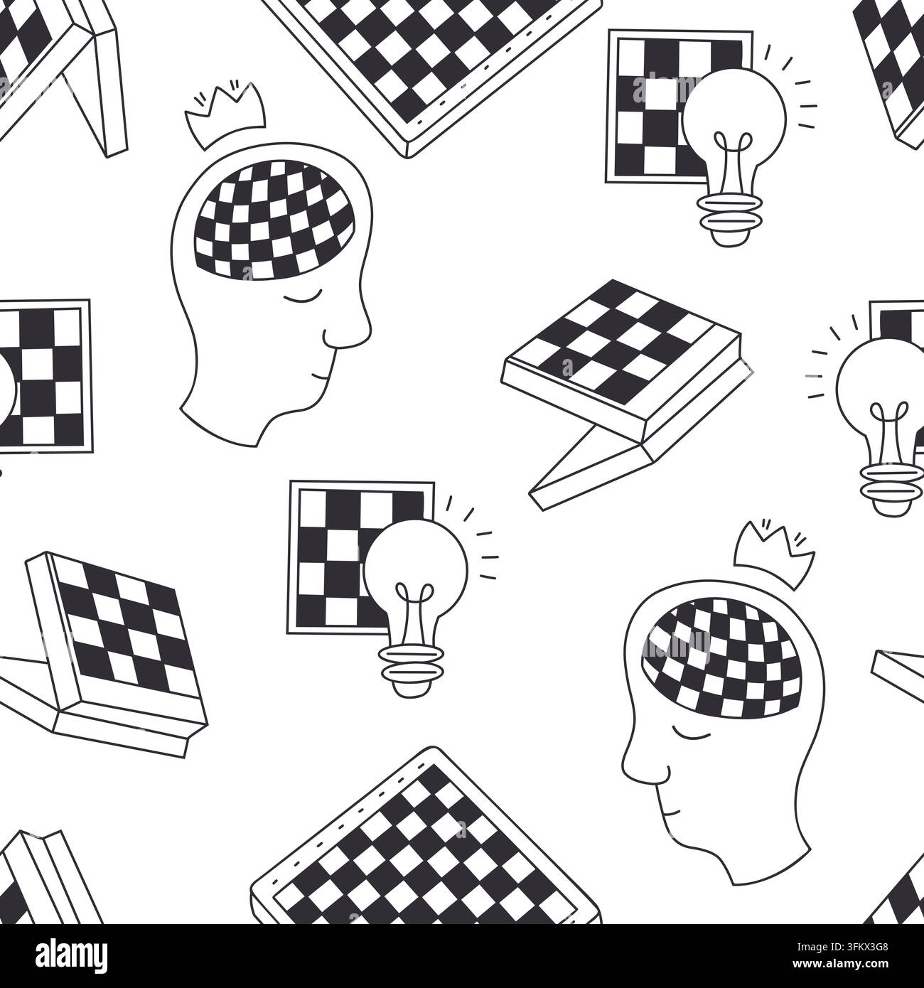 Chess Mind Board Seamless Pattern Doodle. Smart Strategy Thinking Brain Crown Light Bulb Idea Repeating Texture on White Background. Vector Illustrati Stock Vector