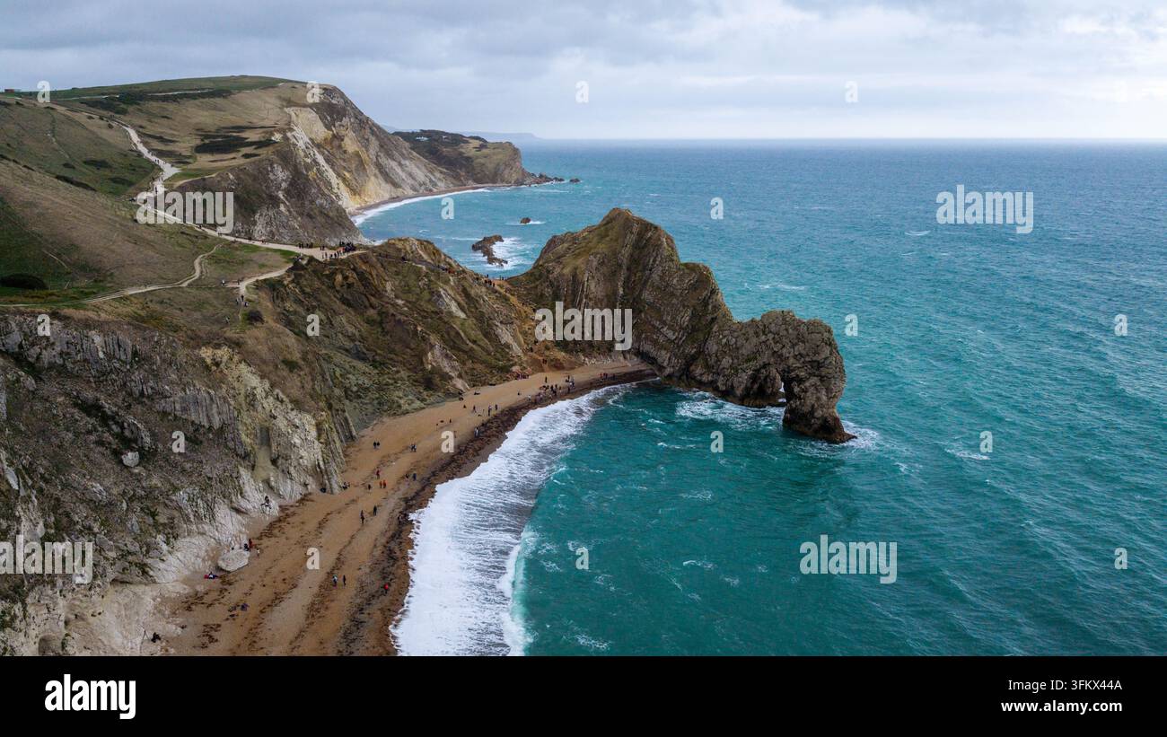 Aerial view of the iconic Durdle Door natural limestone arch on the ...
