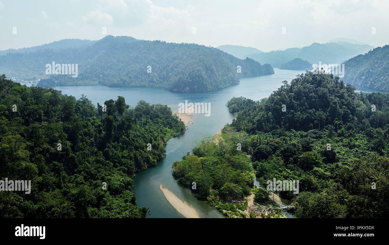 Aerial view of a winding river flowing through dense tropical ...
