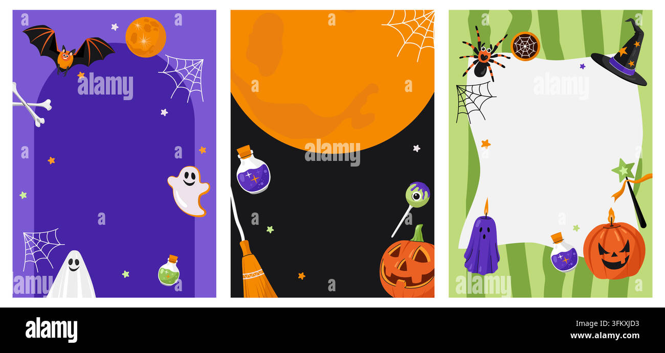 Halloween background set for leaflets flyers and web banners with ghost pumpkin bat spider frames flat Stock Vector