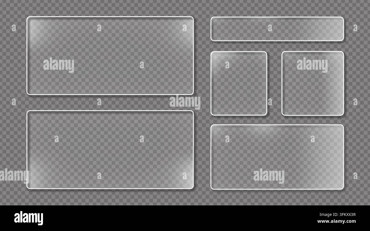 Collection of rectangular and square frosted glass panels with realistic reflections and drop shadows, isolated on a checkered background. Stock Vector