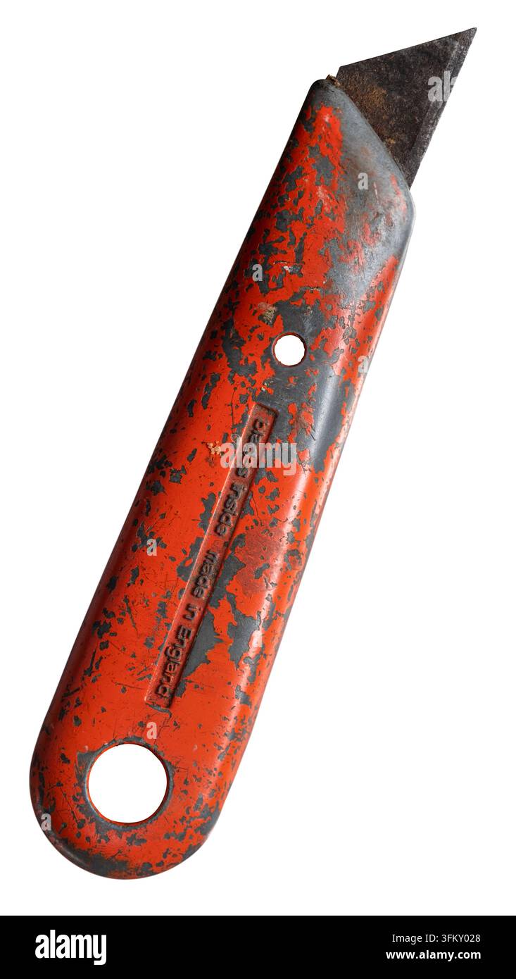 Isolated Old Worn Red Box Cutter Utility Knife On White Background Stock Photo