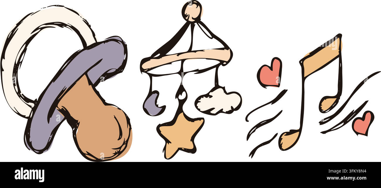 Pacifier Baby Mobile and Music Notes Hand Drawn Vector Set Stock Vector
