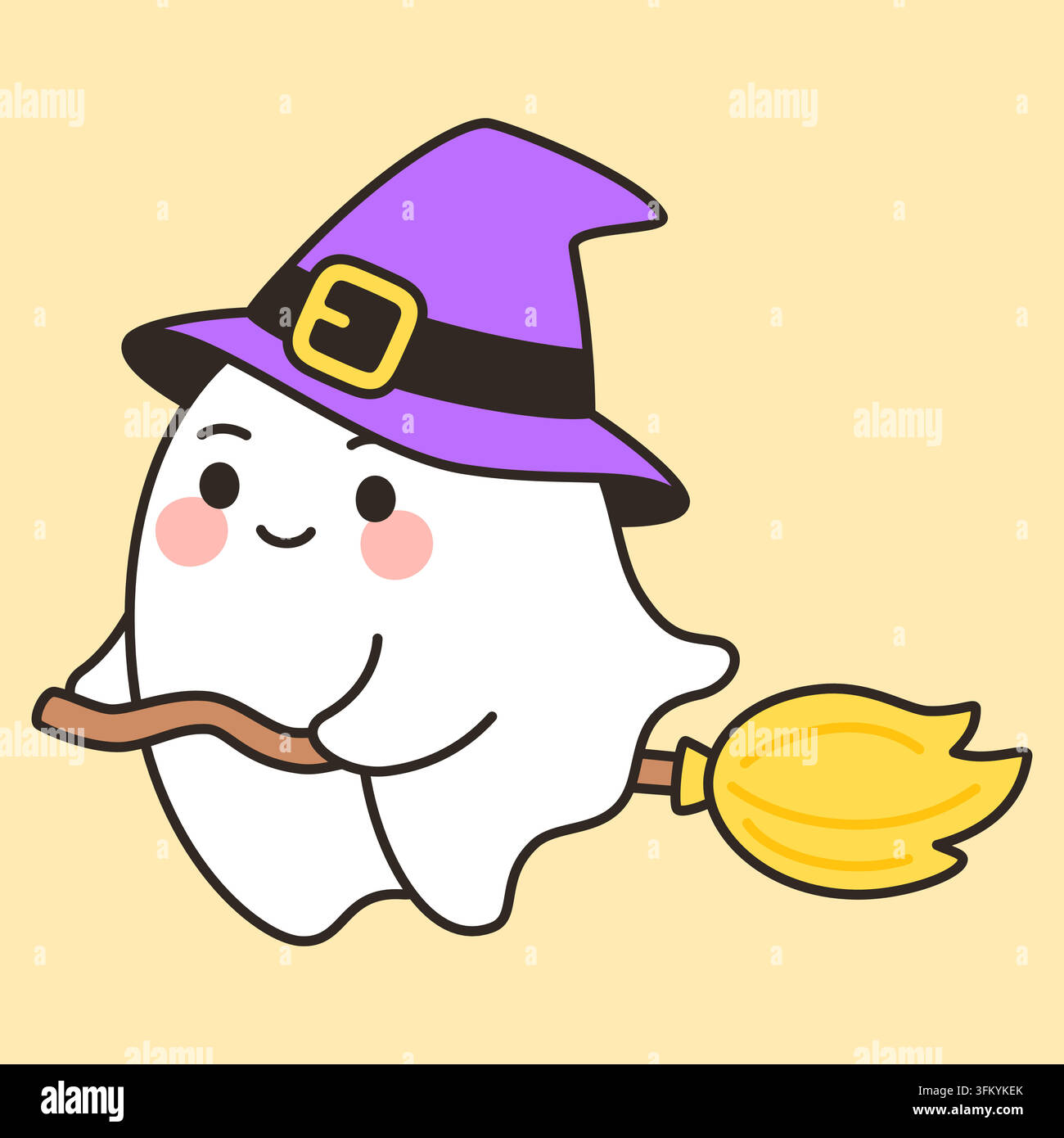 Cute ghost witch flying on broomstick Halloween vector illustration Stock Vector