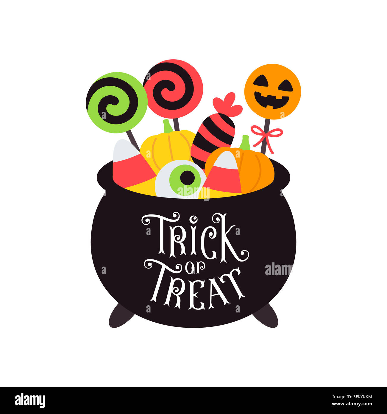 Black Halloween Cauldron With Candy Corn and Lollipops Trick or Treat Vector Illustration Stock Vector
