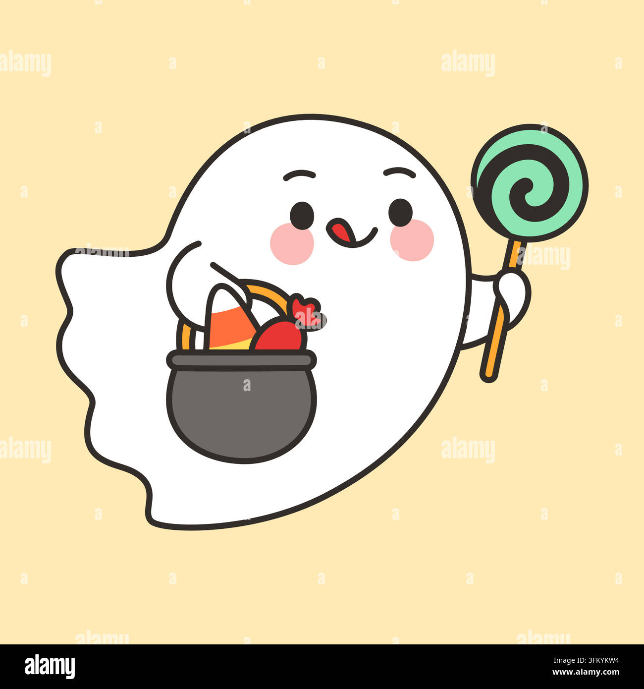 Cute Ghost Holding Cauldron With Candy Corn And Lollipop Vector Illustration Stock Vector