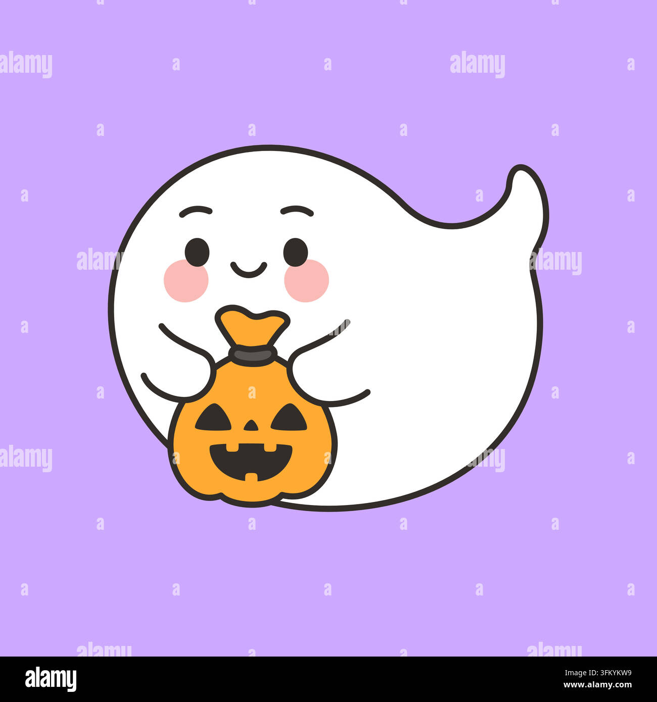 Cute Ghost Character Holding Pumpkin Candy Bag Vector Illustration Stock Vector