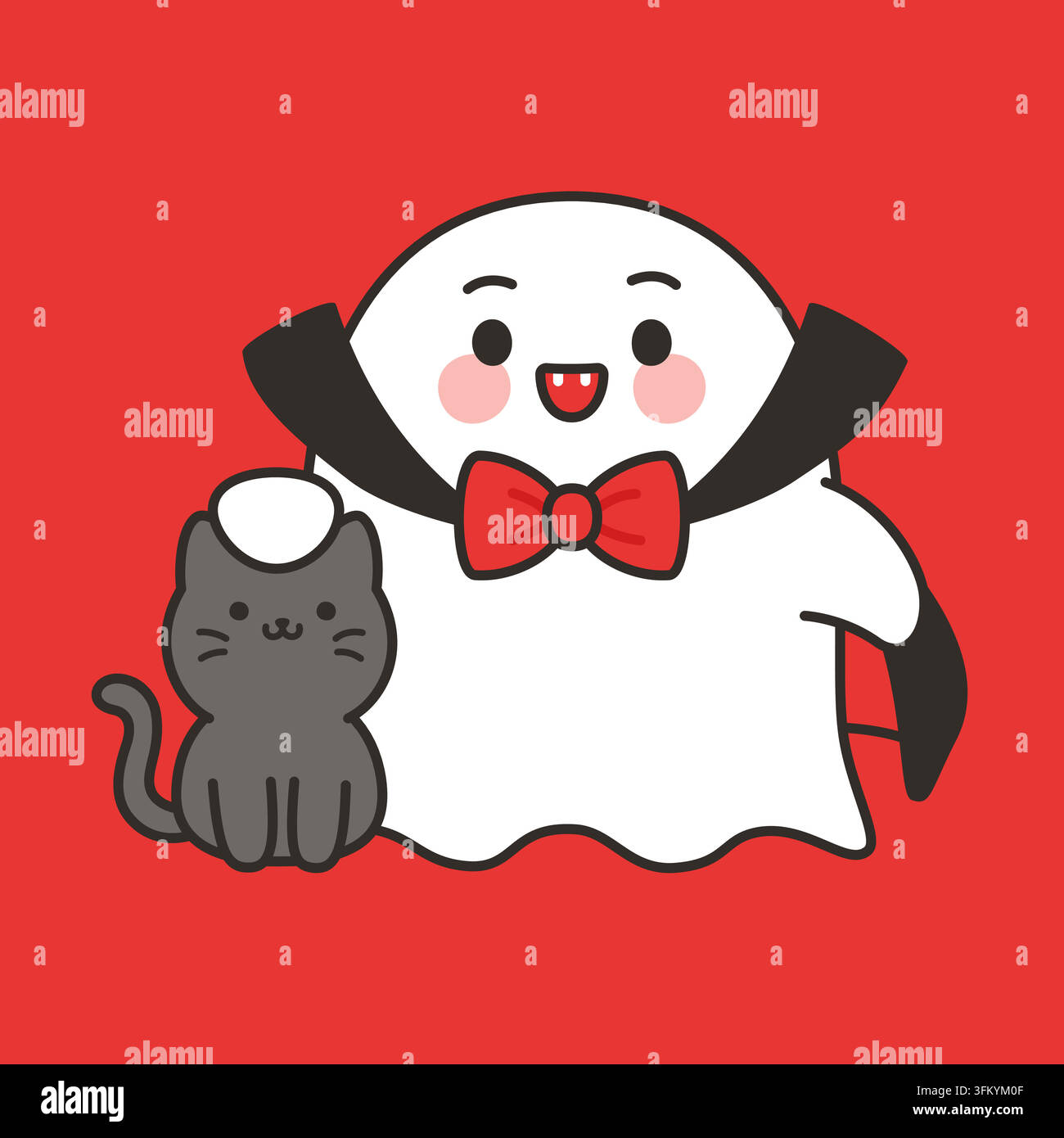 Cute Ghost Character Dressed As Vampire With Cat Vector Illustration Stock Vector