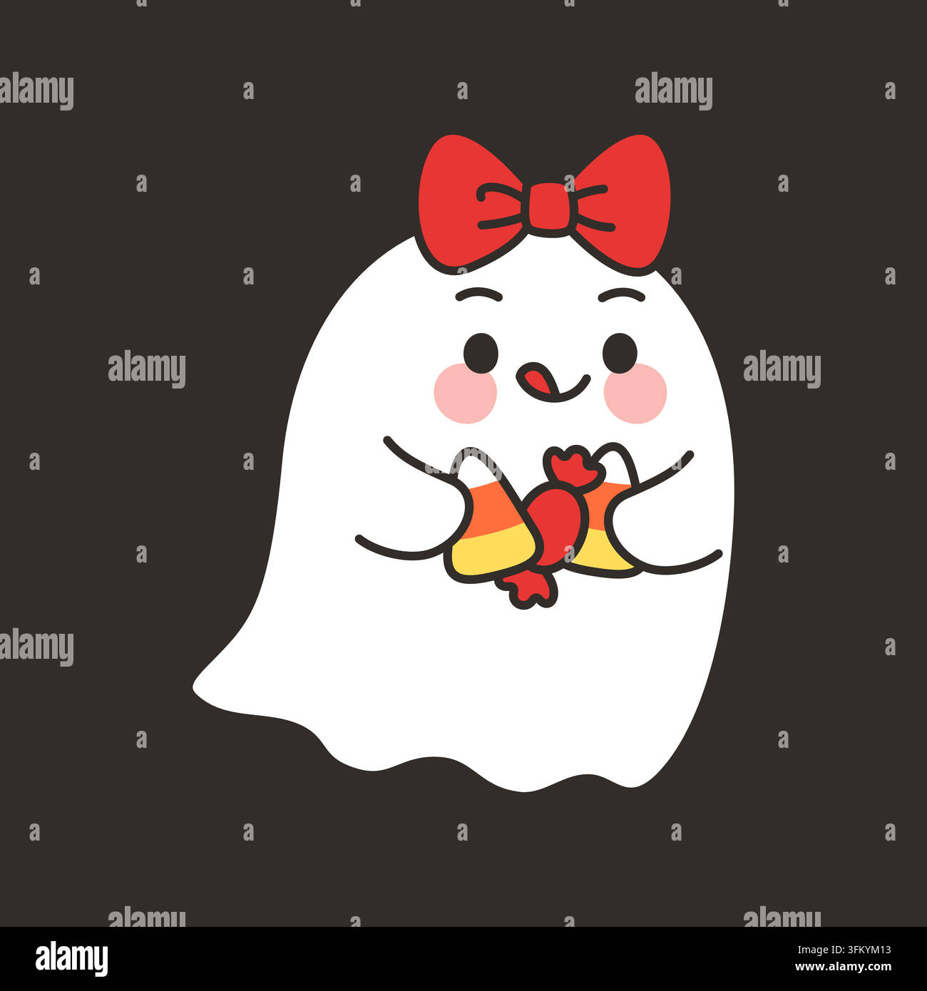 Cute Ghost Character With Red Bow Holding Candy Corn Vector Illustration Stock Vector
