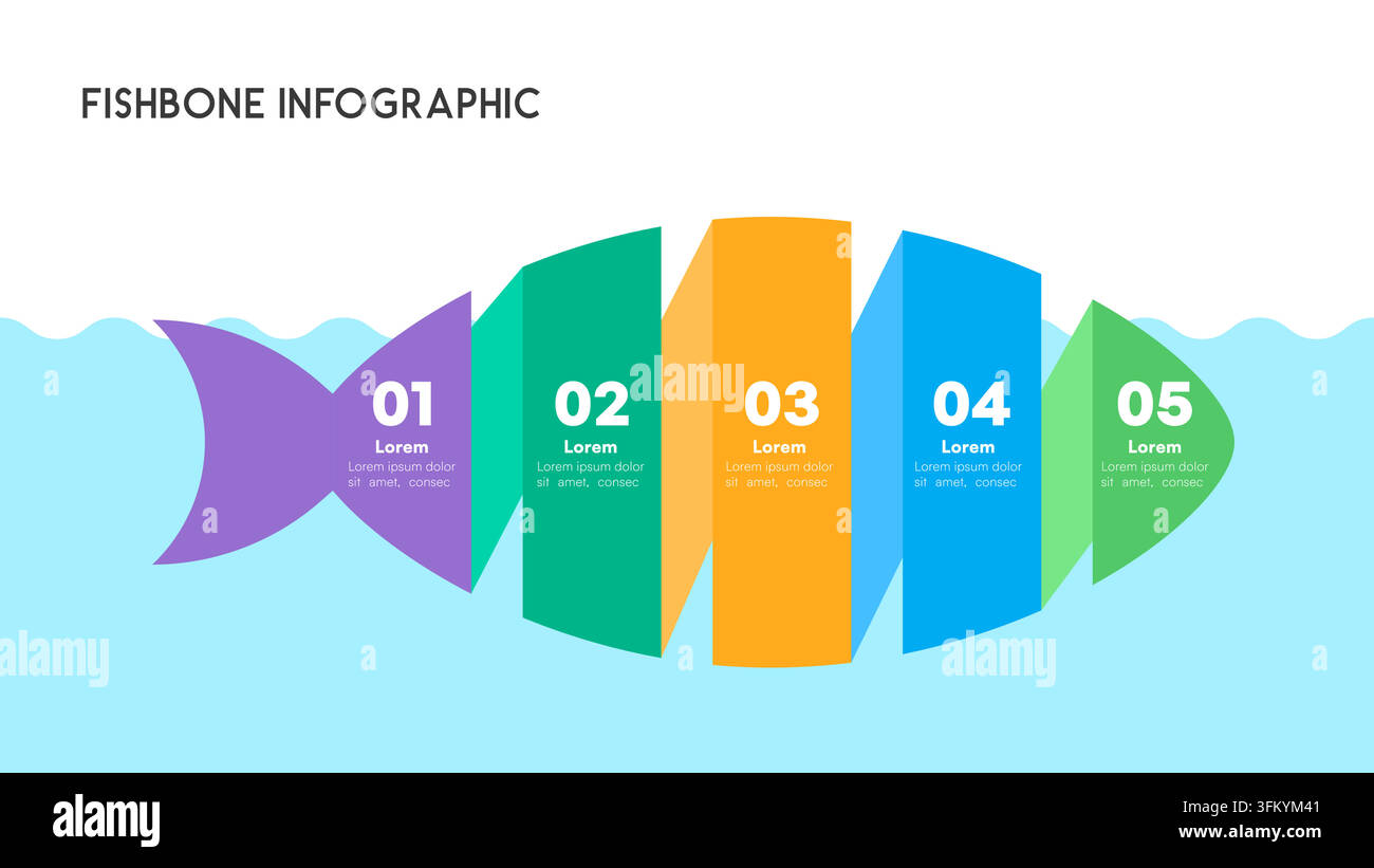 Colorful Fishbone Diagram Infographic with Numbered Sections for Data Presentation Vector Illustration Stock Vector
