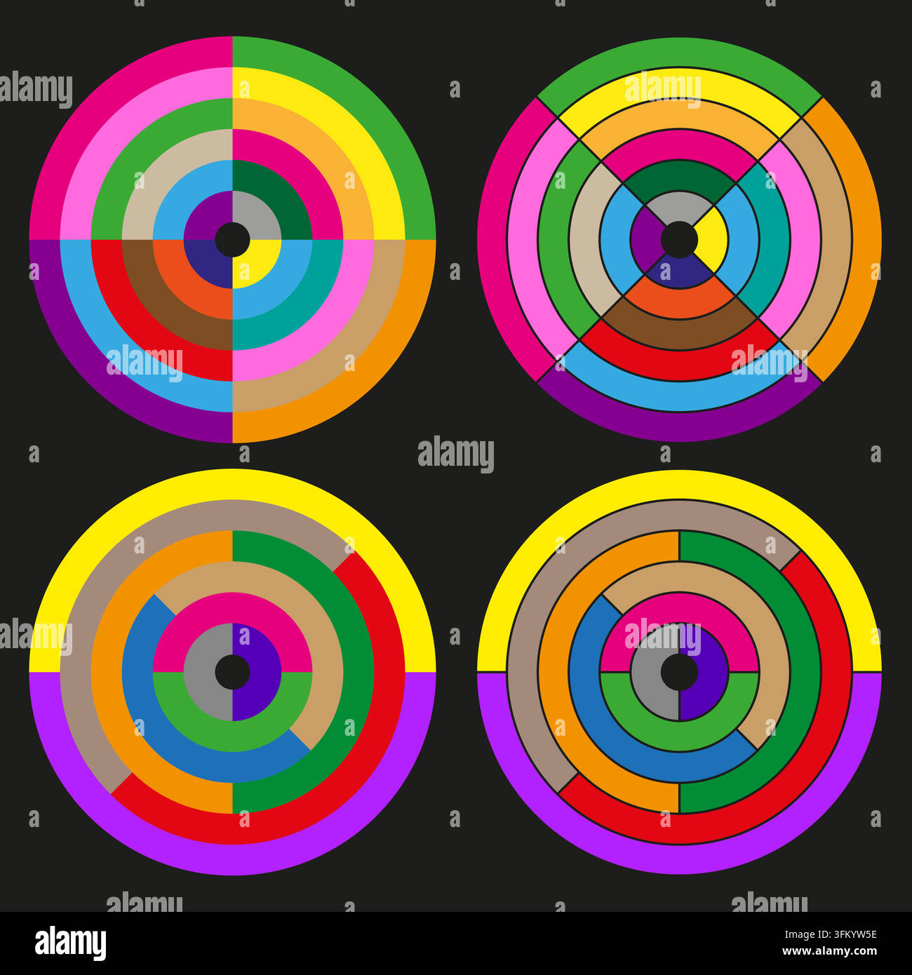 Concentric target segmented feature colorful vector set. This geometric focus circle represents simple abstract modern layouts. eps 10 Stock Vector