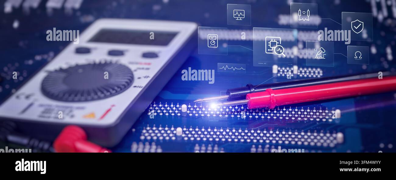 Professional Electrical Testing of Printed Circuit Board with Multimeter, Diagnostic Interface and Engineering Tools Stock Photo