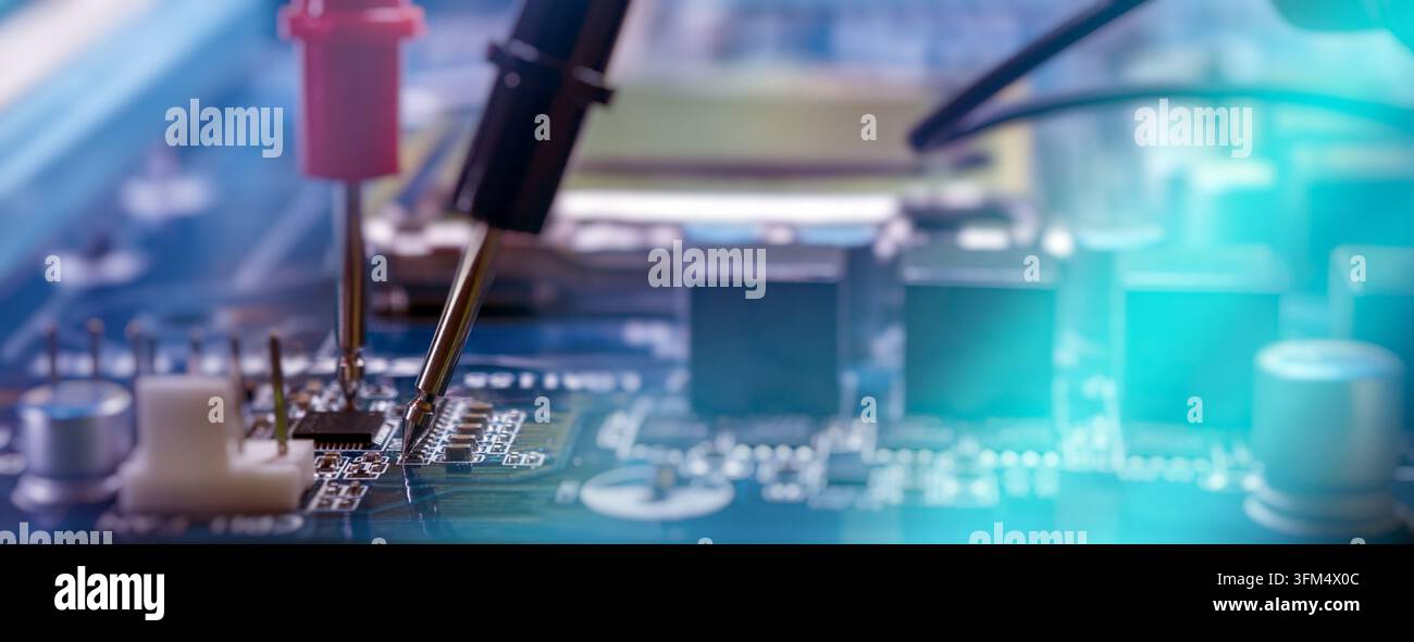 Motherboard Component Testing and Electronics Diagnostics with Measurement Probes for Engineering and Technical Repair Stock Photo