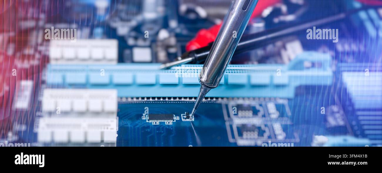 Professional Technician Soldering Microelectronic Component on Printed Circuit Board in Modern Electronics Laboratory Stock Photo