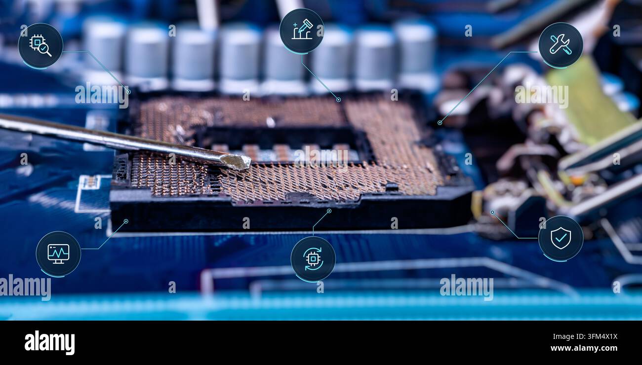 Electronic CPU Socket Maintenance and Computer Hardware Troubleshooting with Digital Repair and Security Symbols Stock Photo