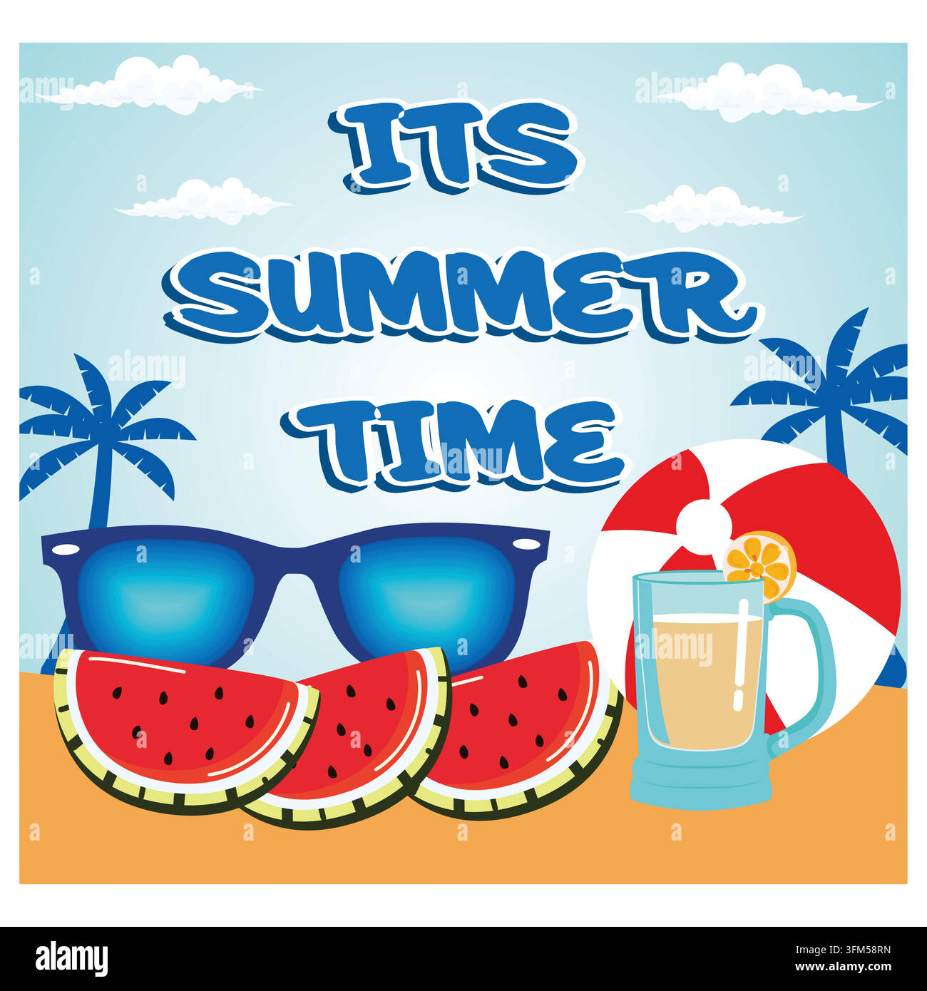 Summer time white circle for text and colorful beach elements. Flat vector modern illustration Stock Vector