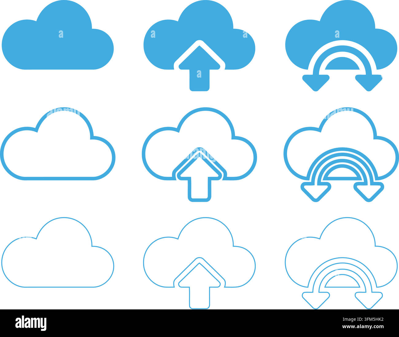 Abstract cloud technology symbols for network storage, data transfer web interface graphics, simple blue weather vectors. Stock Vector