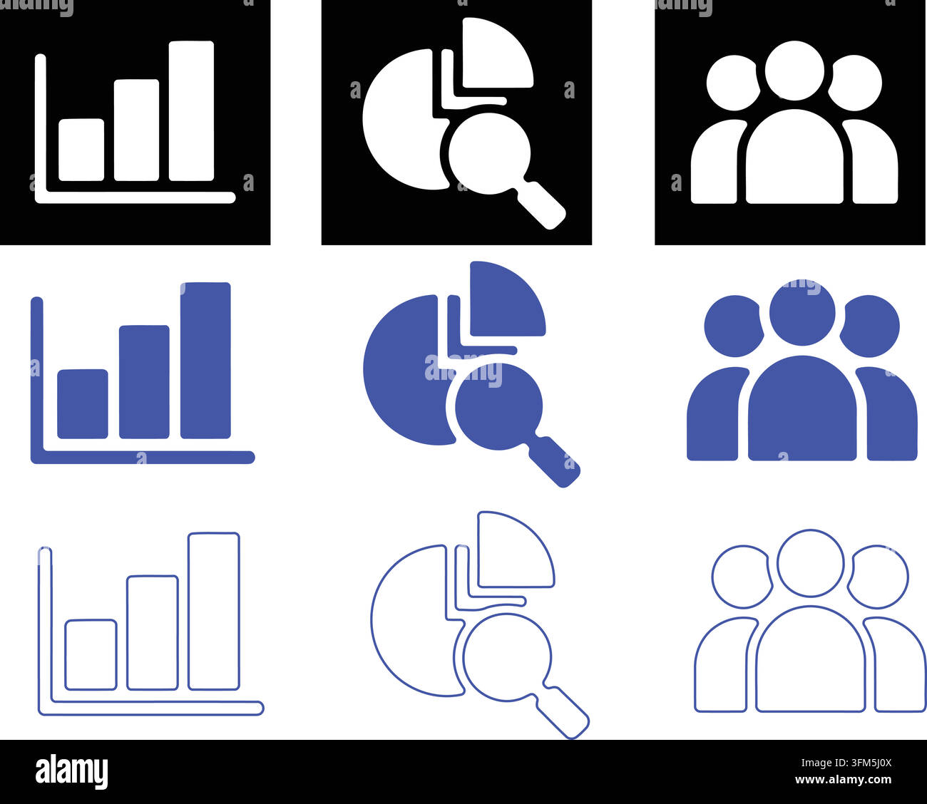 Professional corporate icons representing business analytics statistics data search and collaborative teamwork structure. Stock Vector