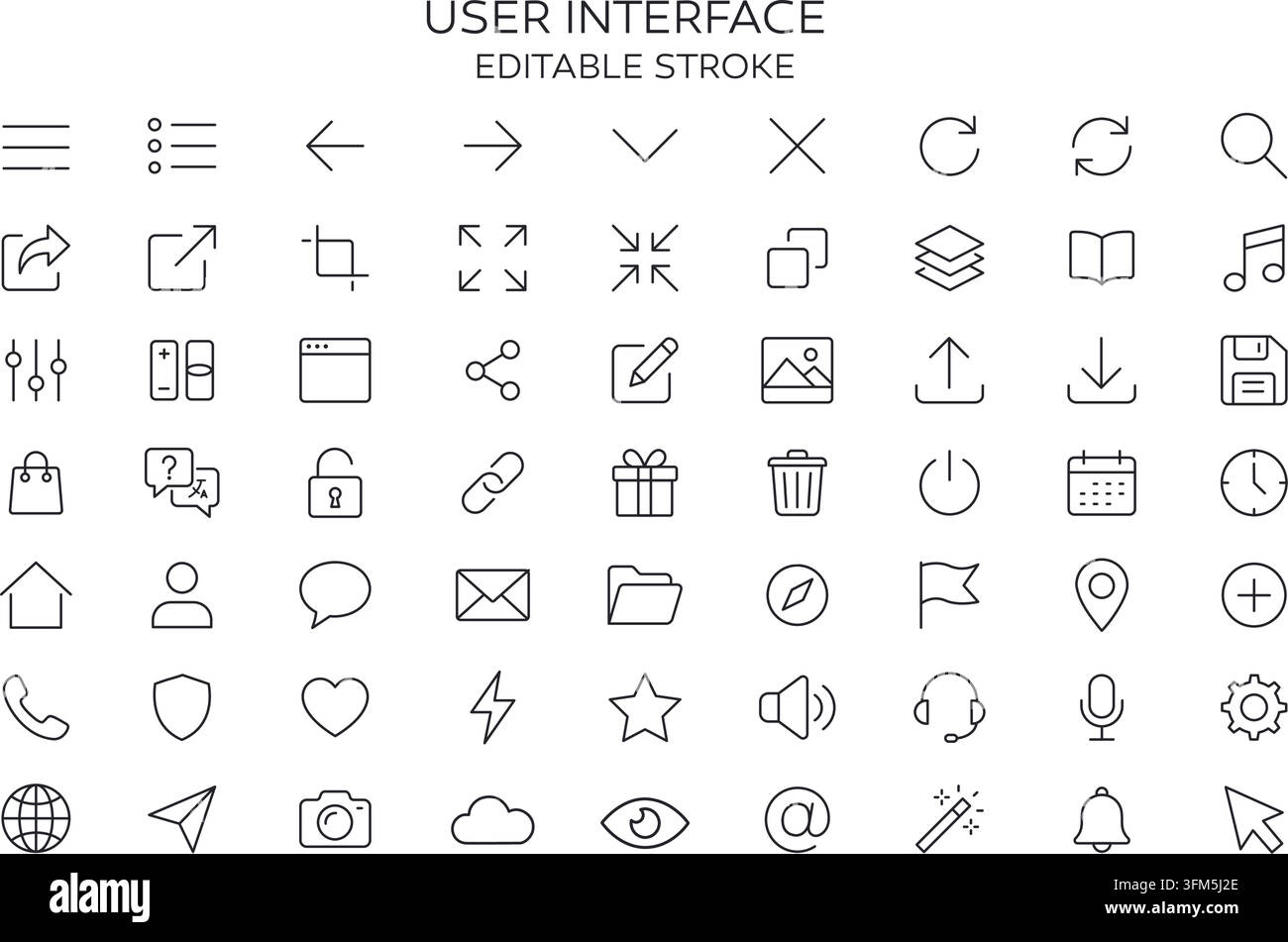 User interface web icons in line style. Navigation, menu, search, home, profile, message, mail, folder and settings set editable stroke. Stock Vector
