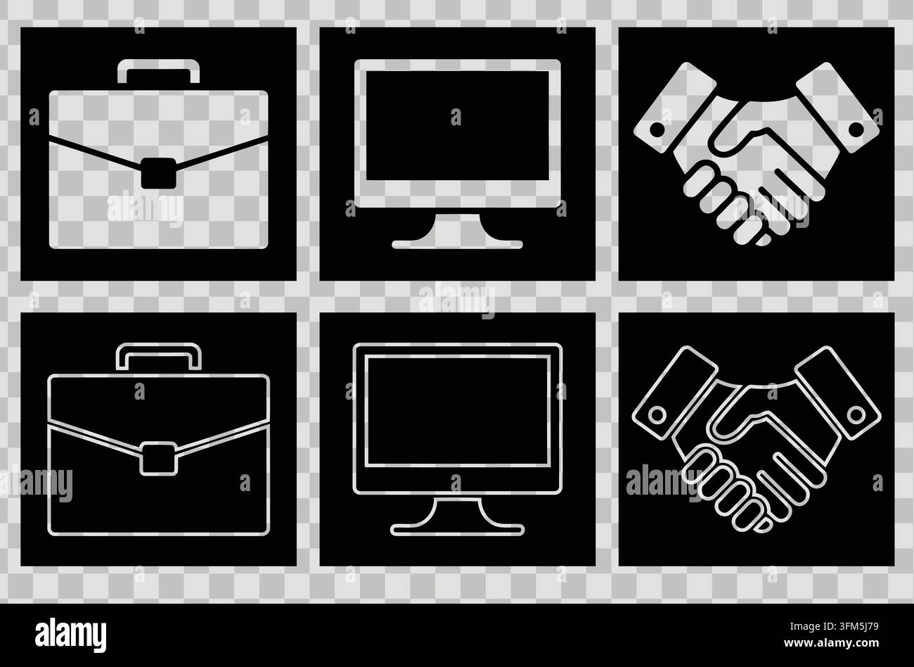 Professional briefcase, desktop computer, and partner handshake symbols inside dark squares for modern web projects. Stock Vector