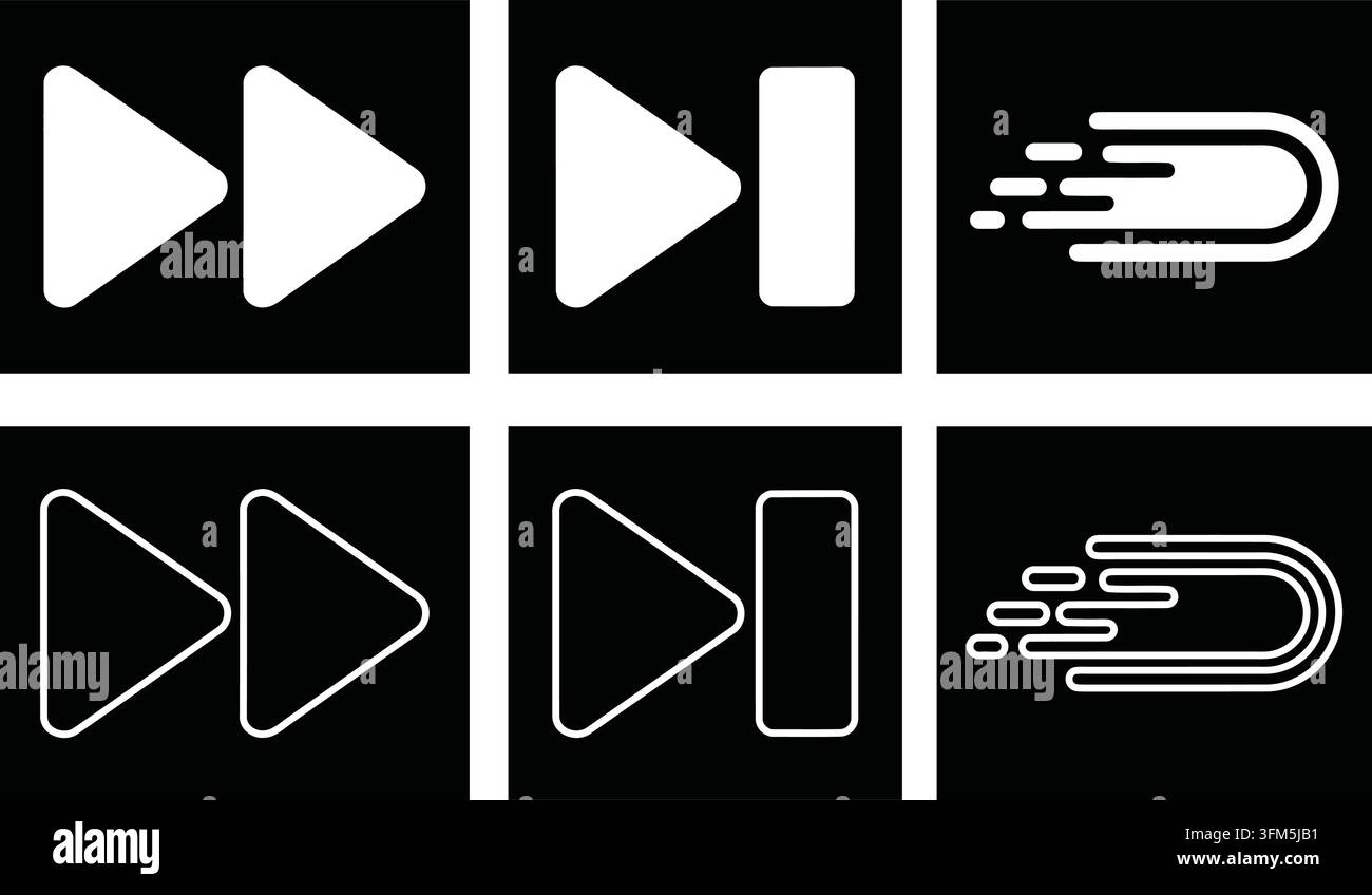 Fast forward and skip symbols in solid and outline styles for digital video player interface design projects or mobile application navigation. Stock Vector