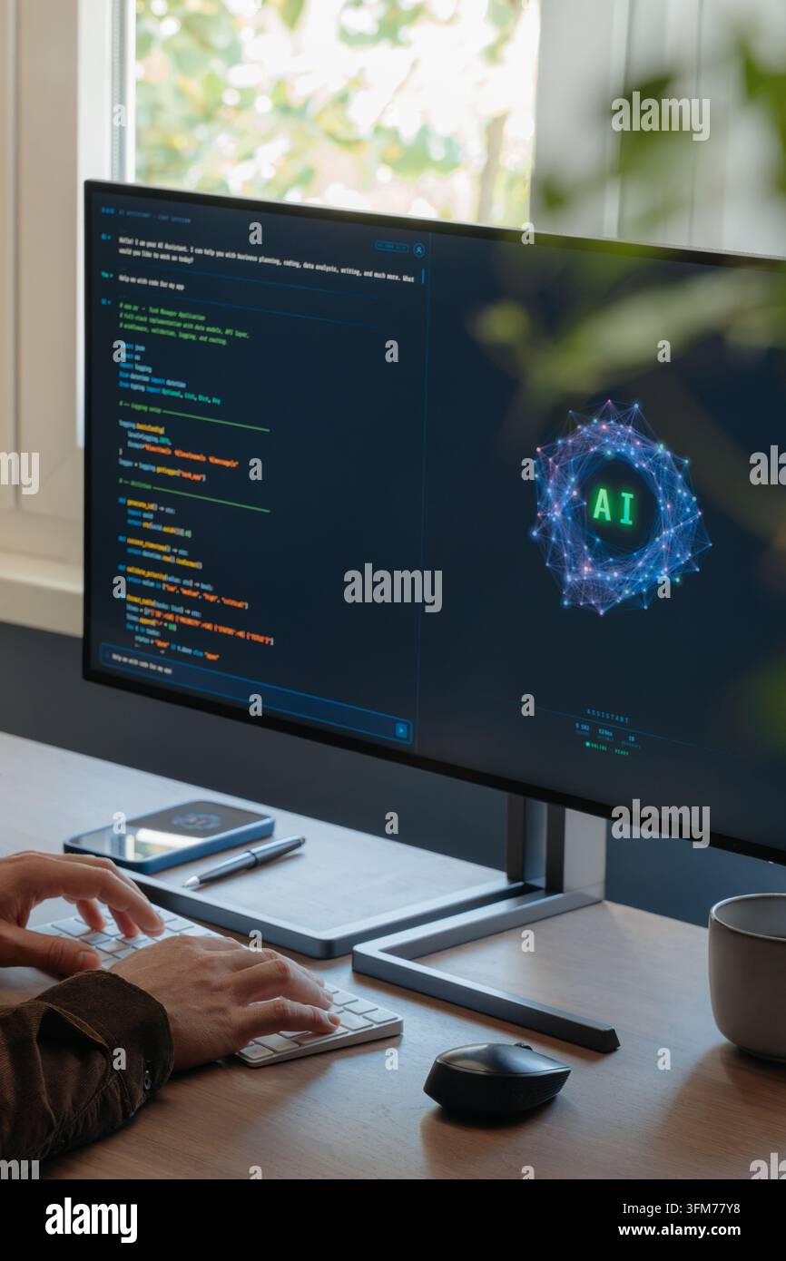 Coder hands typing on keyboard, using AI assistant to write programing code on computer at desk, boosting productivity and automation with artificial intelligence agents and AI chatbots. Copy space Stock Photo