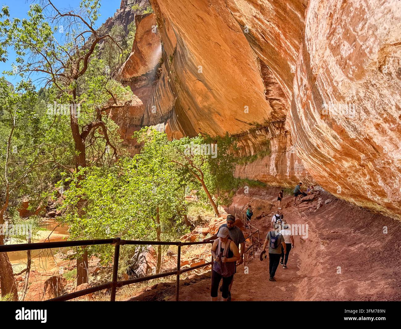 Zion National Park, Utah, USA - 27 June 2026: People walking along a narrow path under the overhand of a large rock in Zion National Park. - Smartphone Captured Stock Image