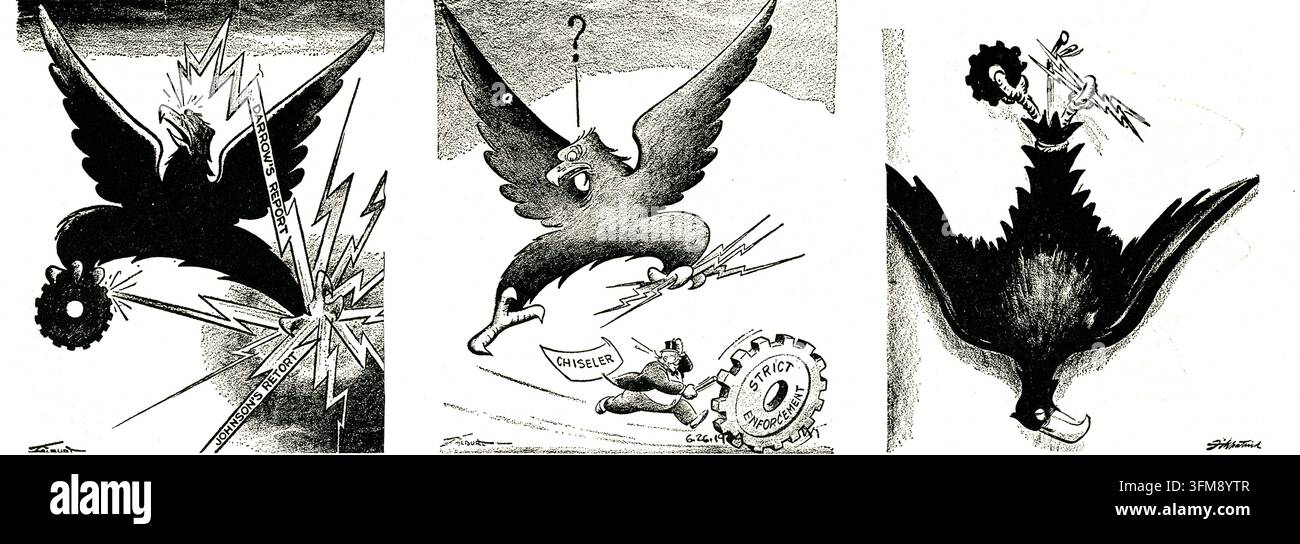A series of editorial cartoons by Harold Talburt (1895–1966) depicting the decline of the National Recovery Administration (NRA) Blue Eagle during the Great Depression. The illustrations document the political and legal crises that beset the New Deal agency, including the conflict between the critical 1934 report of Clarence Darrow (1857–1938) and the defensive retort of NRA administrator Hugh S. Johnson (1881–1942). Subsequent panels portray the eagle's bewilderment as business 'chiselers' evade strict enforcement, concluding with the bird’s symbolic demise following the 1935 Supreme Court ru Stock Photo