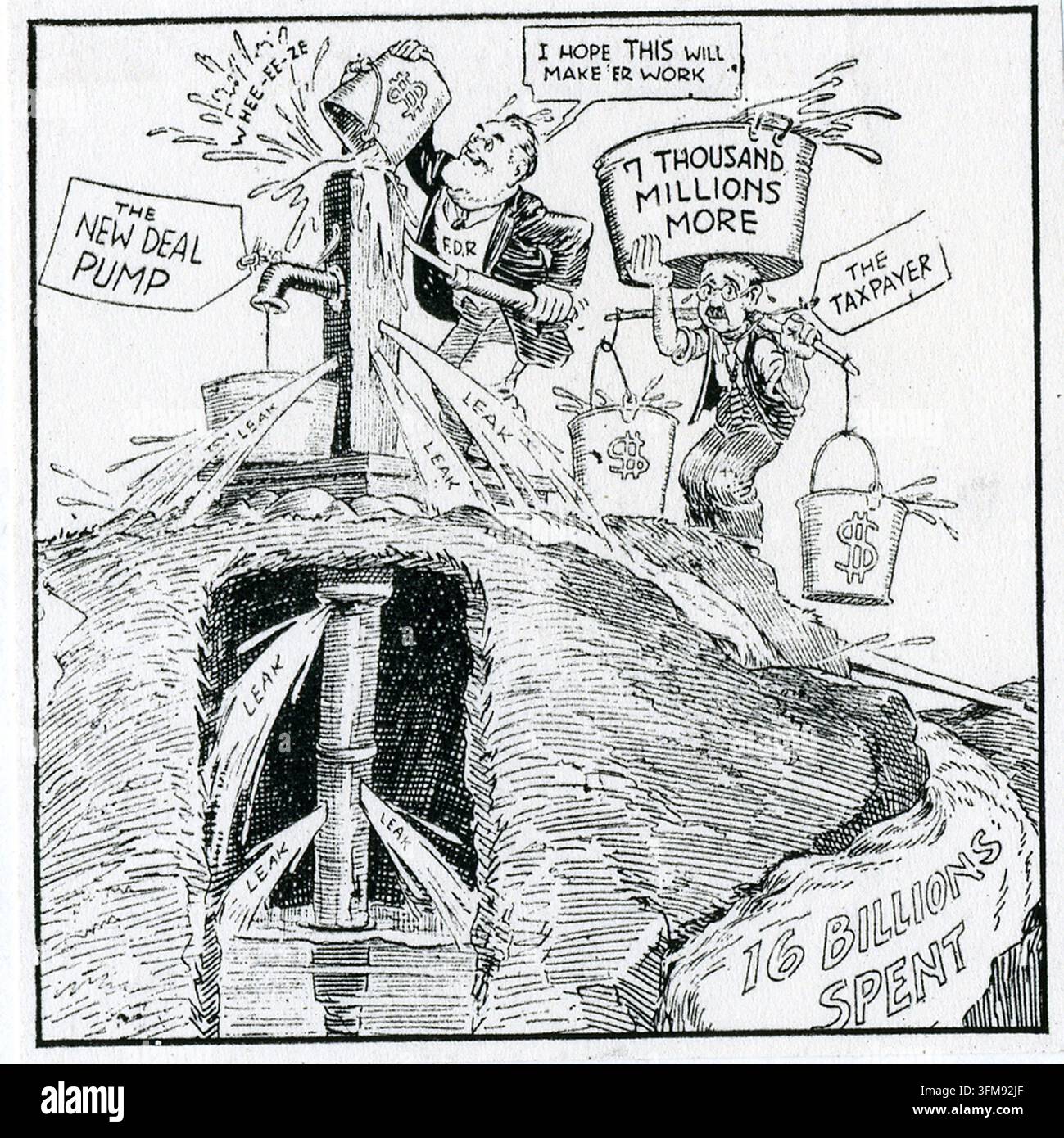 A political cartoon depicting Franklin Delano Roosevelt (1882–1945) attempting to start 'The New Deal Pump' by pouring taxpayer money into it. This illustration critiqued the economic policy of pump priming during the Great Depression, suggesting that despite massive federal spending, indicated by the figures of sixteen billion dollars spent and requests for seven billion more, the system remained inefficient and riddled with leaks. The imagery highlights the increasing burden on the American taxpayer, who is shown struggling under the weight of additional funding requirements while the pump f Stock Photo