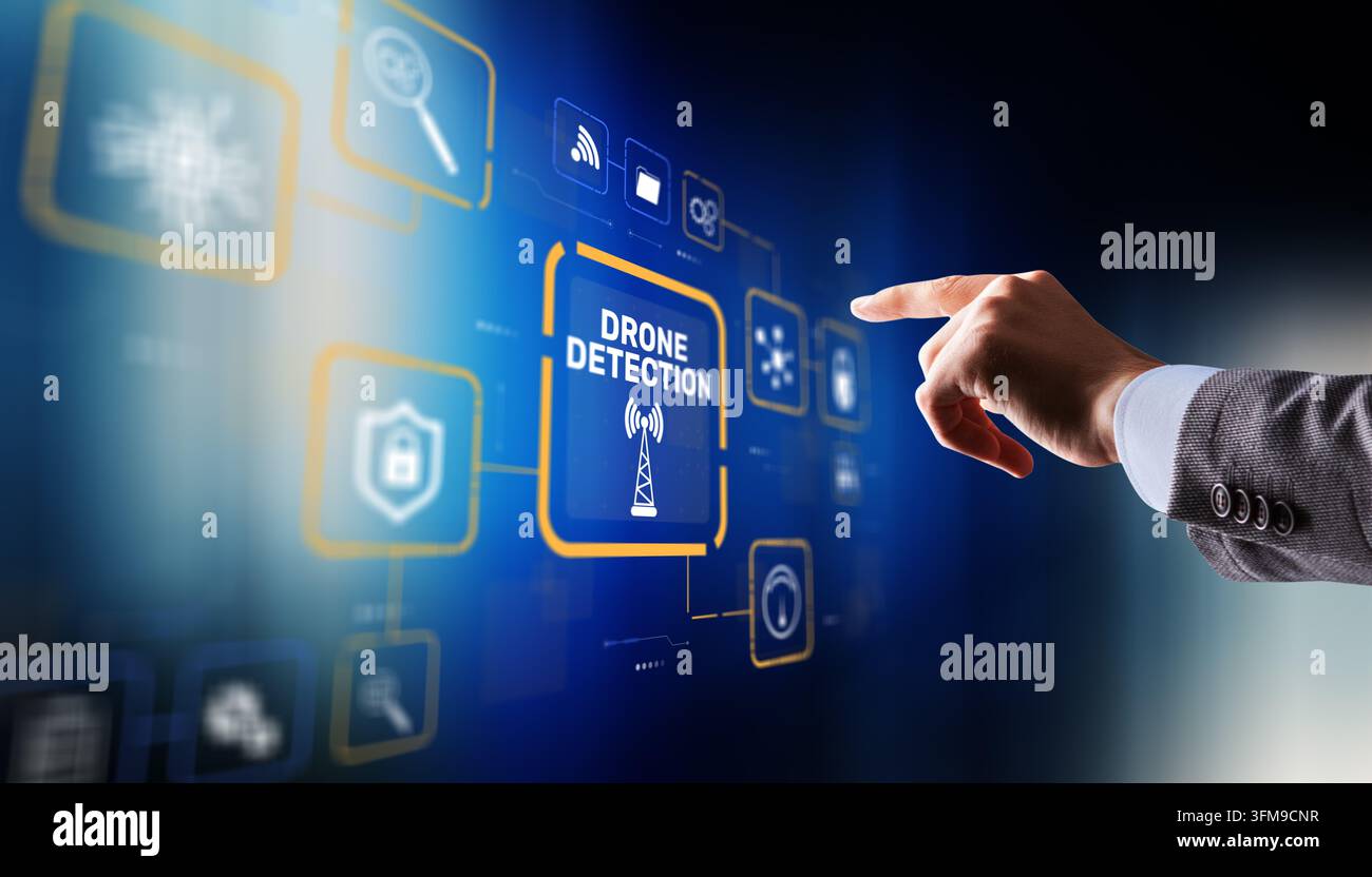 Advanced drone detection system using radar technology and aerial surveillance for security. Stock Photo