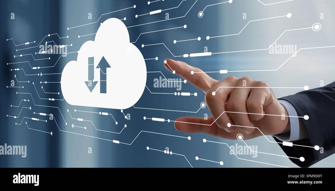 A hand interacting with a cloud computing concept featuring data transfer and network connections Stock Photo