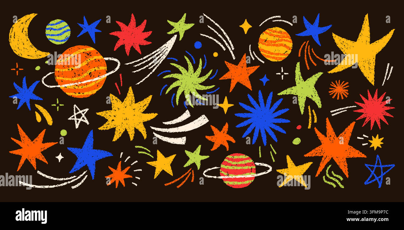 Set of colorful cosmic doodles, stars, planets, moons, swirls, rough crayon texture, childish abstract space elements on dark background, hand drawn playful modern vector illustration Stock Vector
