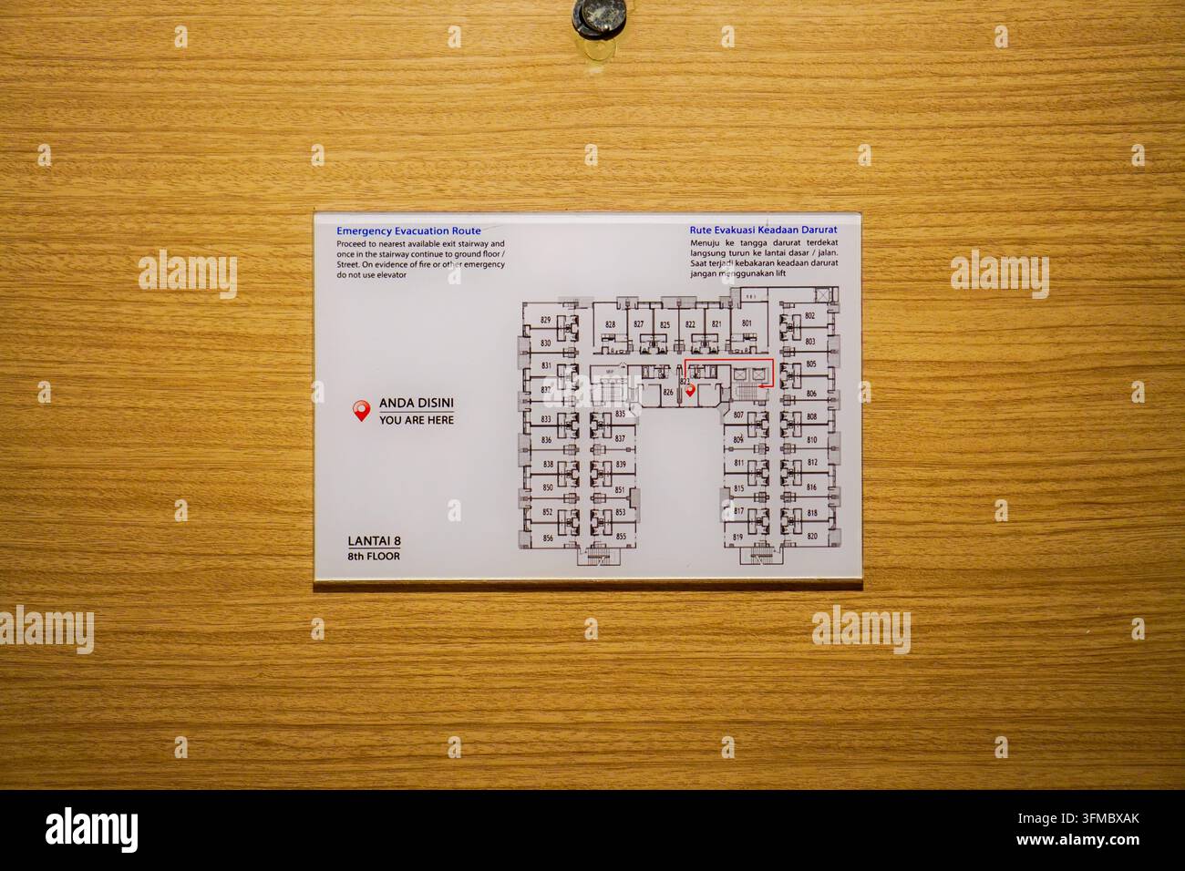 Emergency Evacuation Route Map on Hotel Wall Stock Photo