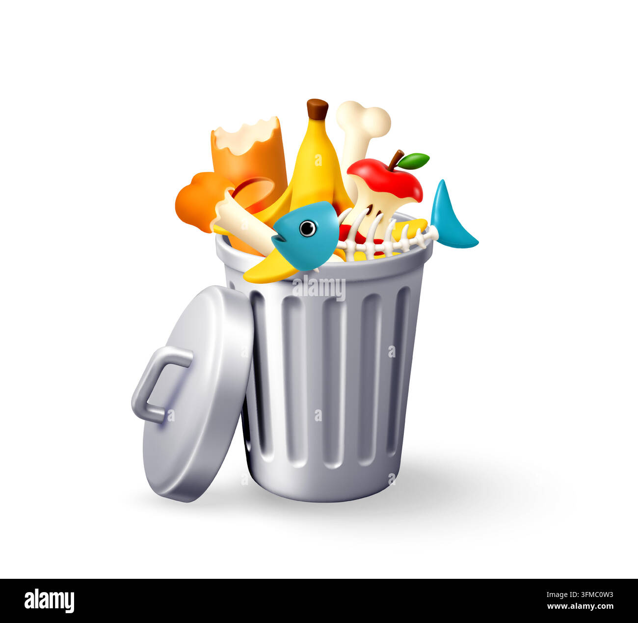 3D overflowing garbage can with food scraps Stock Vector