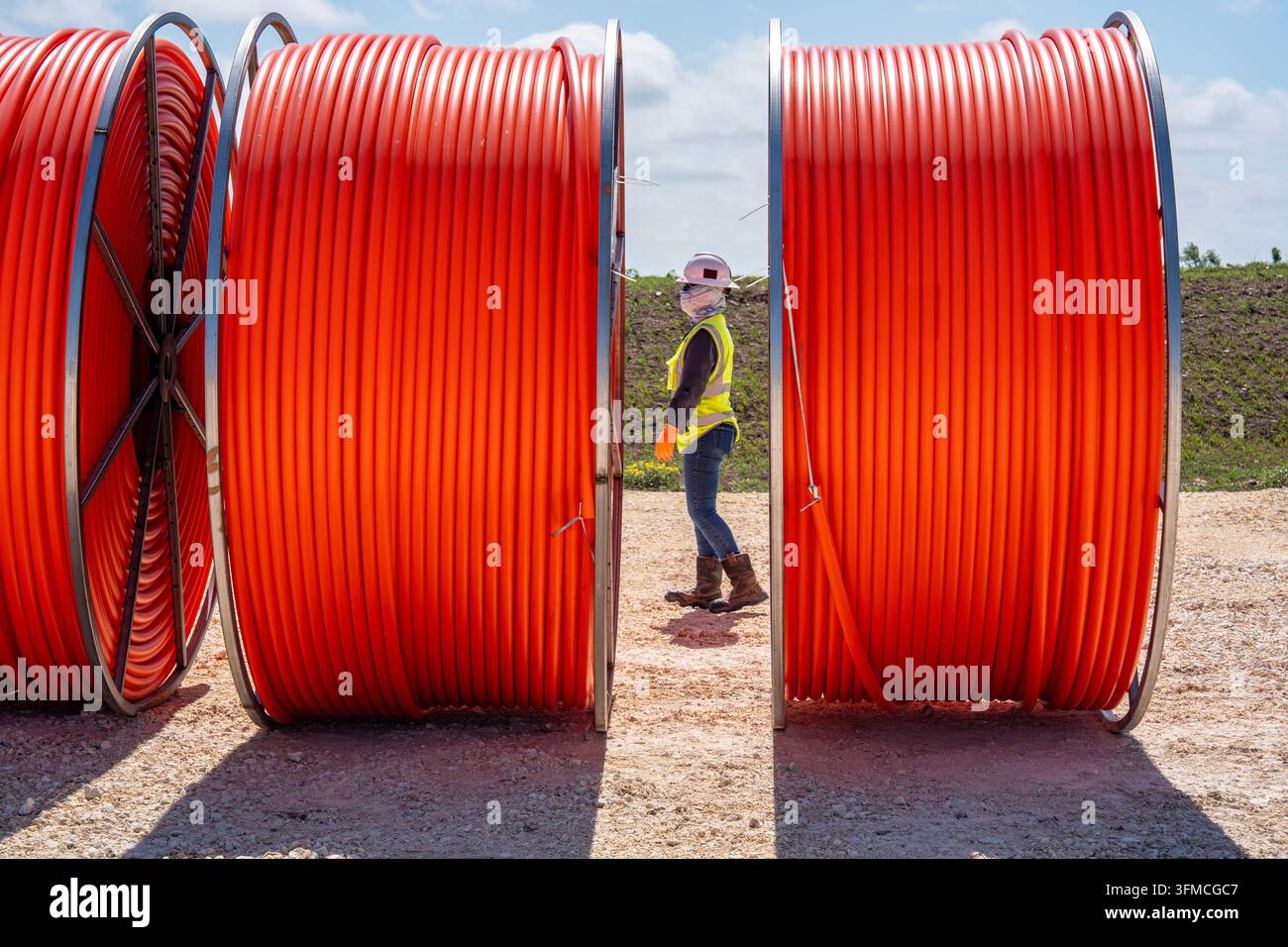 Wind farm construction pipe conduit Stock Photo