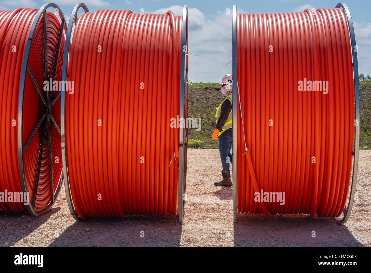 Wind farm construction pipe conduit Stock Photo