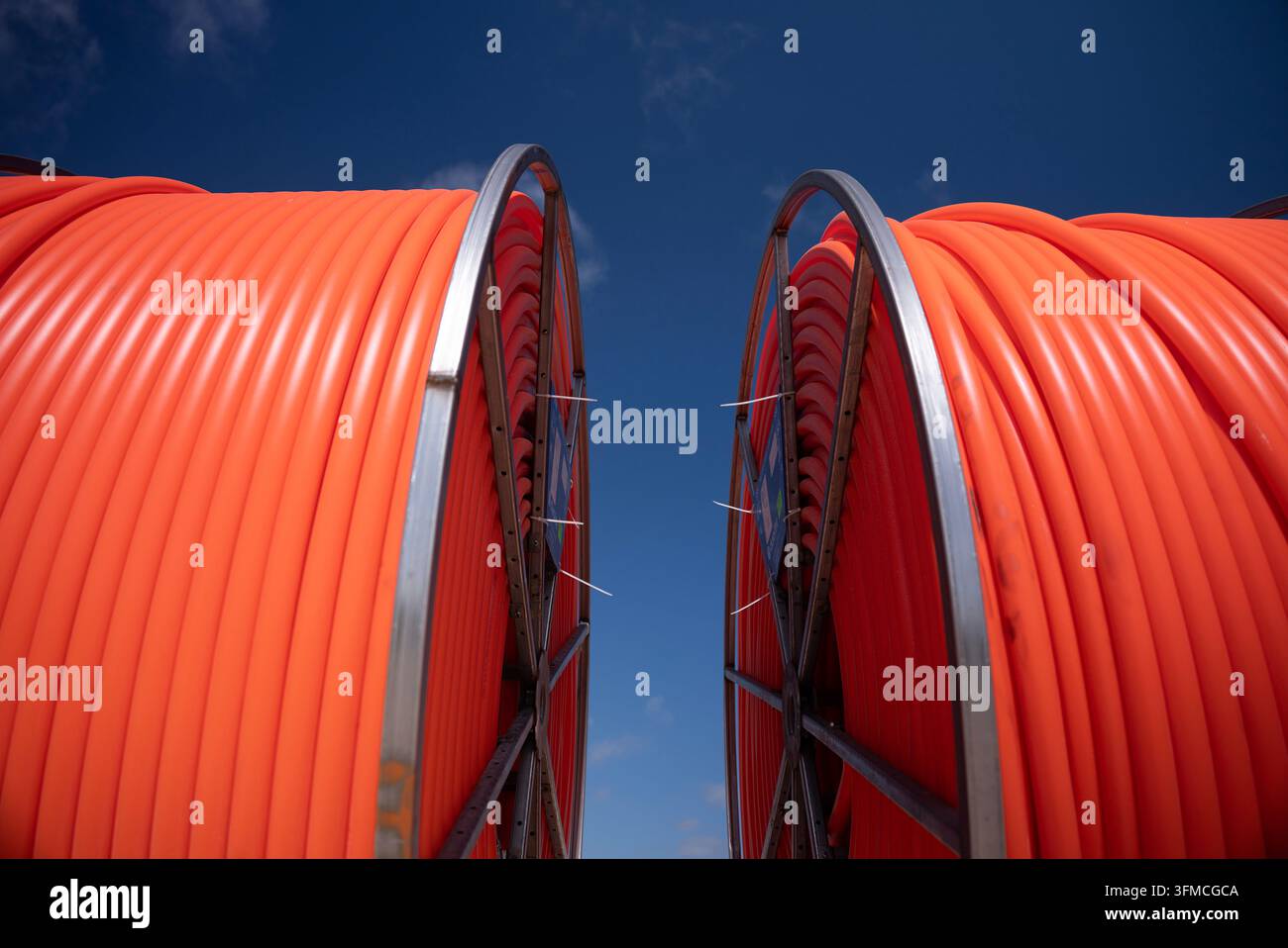 Wind farm construction pipe conduit Stock Photo