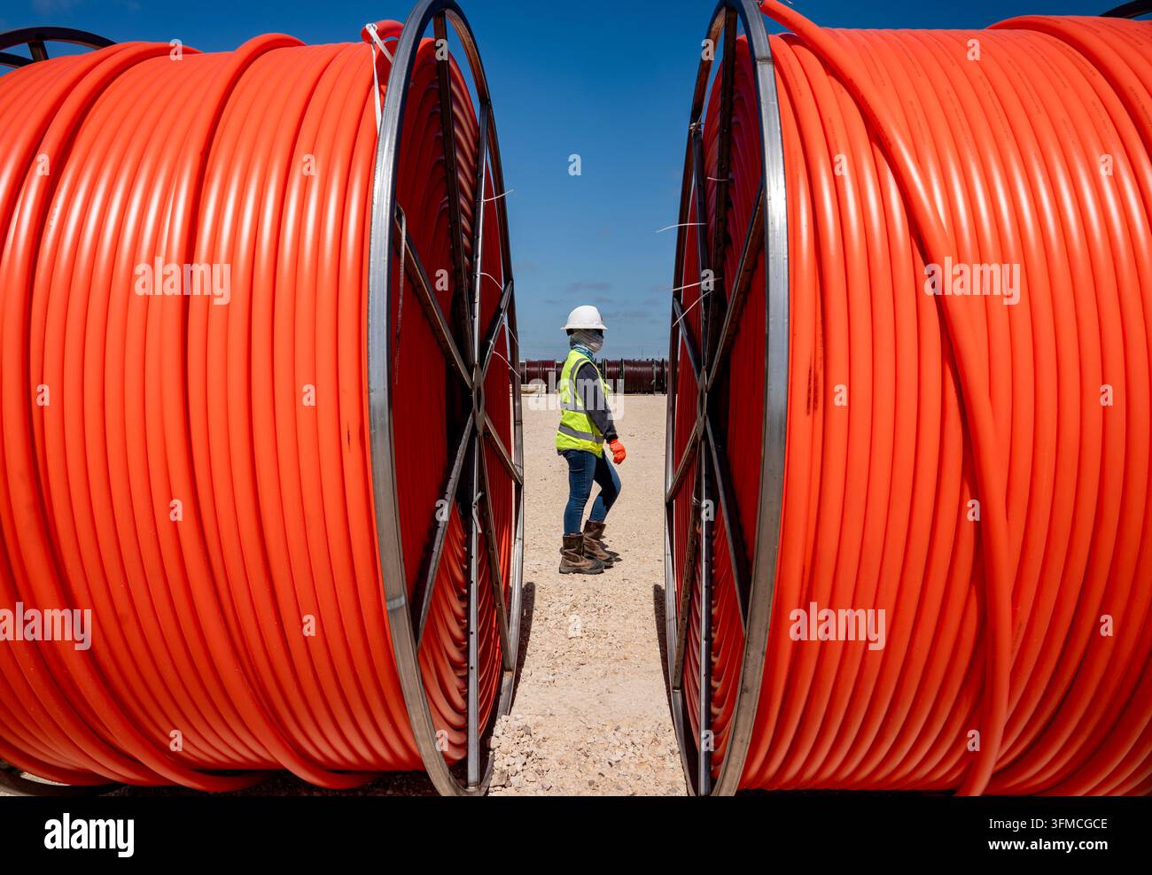 Wind farm construction pipe conduit Stock Photo