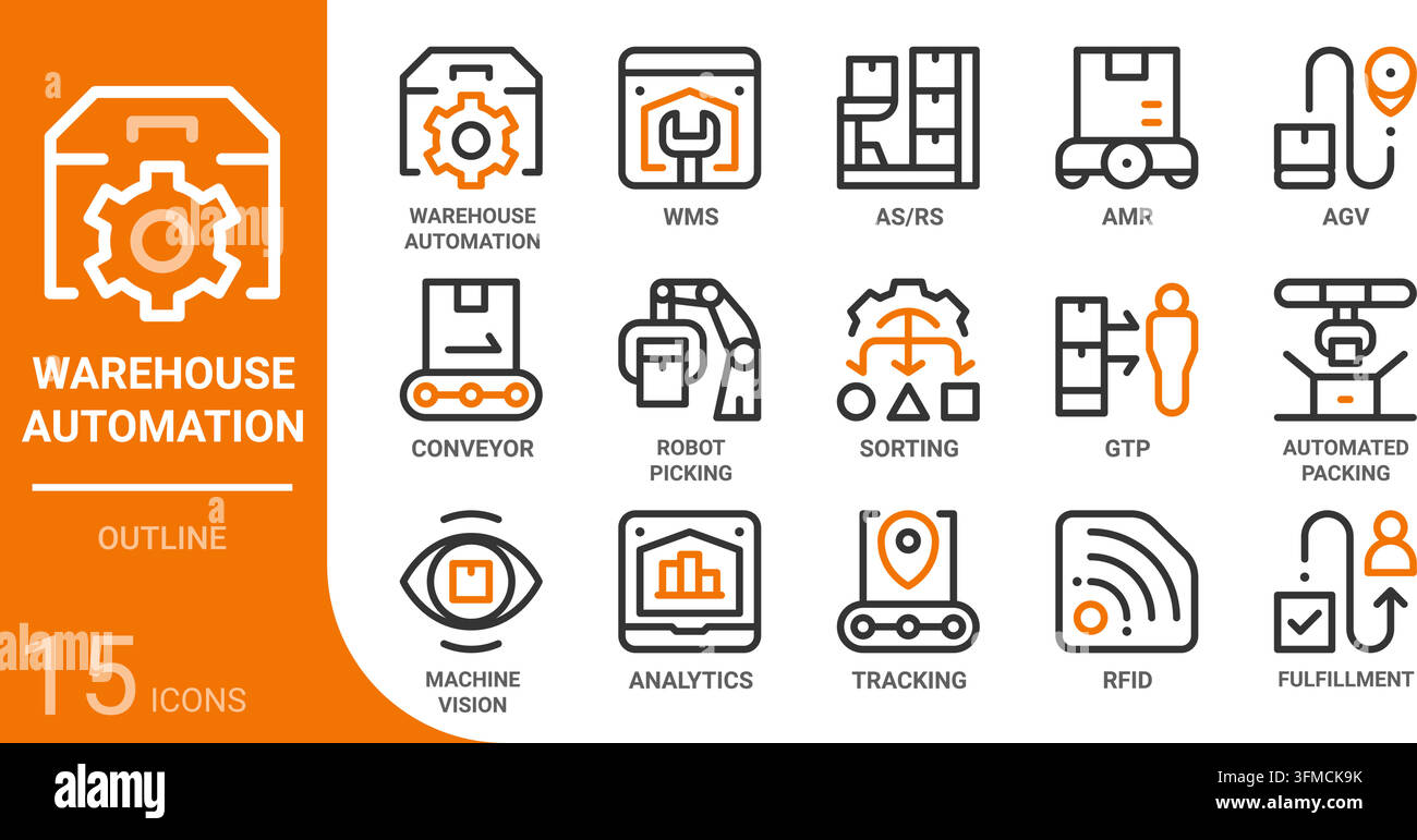 warehouse automation outline icon collection for web, app, UI, UX, dashboard, presentation and infographic and print design Stock Vector