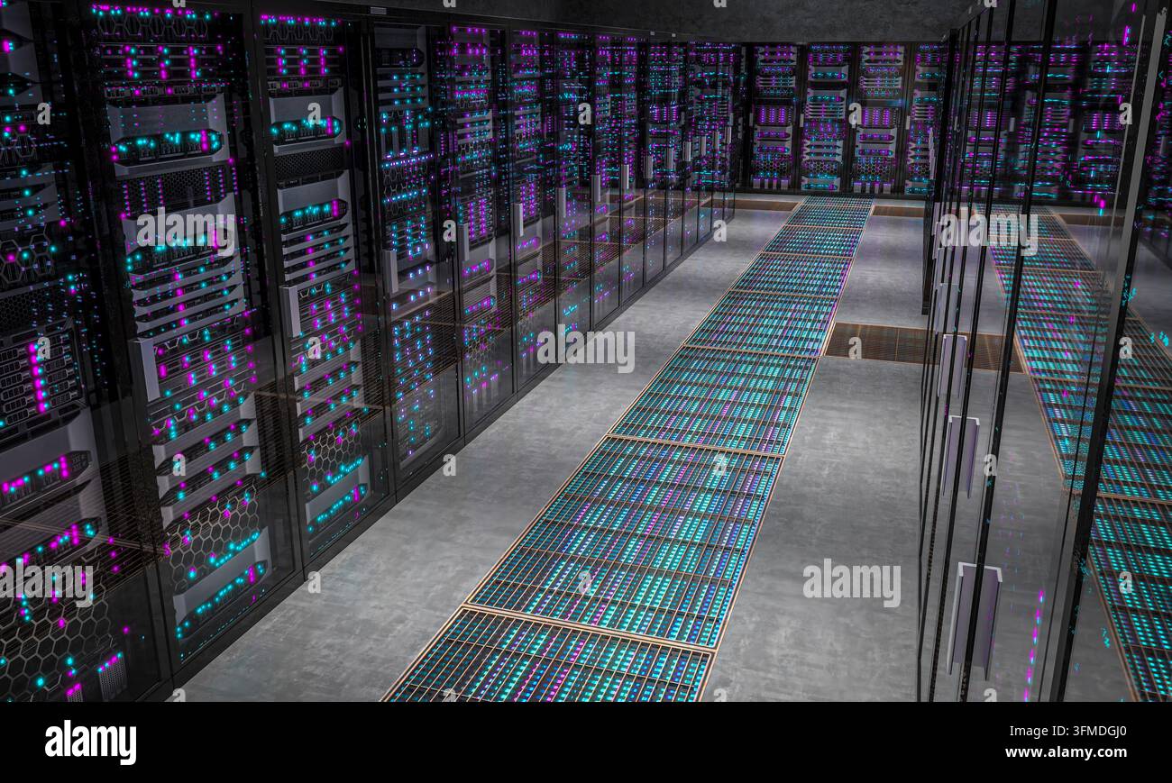 3d Server racks with glowing lights Stock Photo