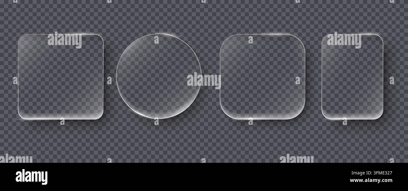 Modern glass effect UI components with transparent acrylic appearance, realistic reflections and subtle shadows. Vector style interface panels suitable for app design, websites, widgets and user interface projects. Vector illustration Stock Vector