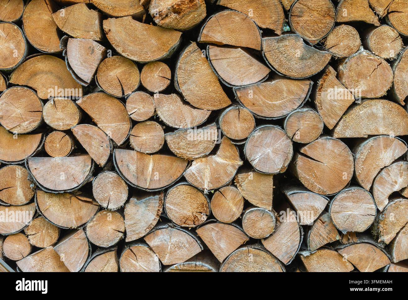 Detailed full frame view of split firewood logs stacked outdoors. The wood grain and bark textures highlight winter energy preparation Stock Photo