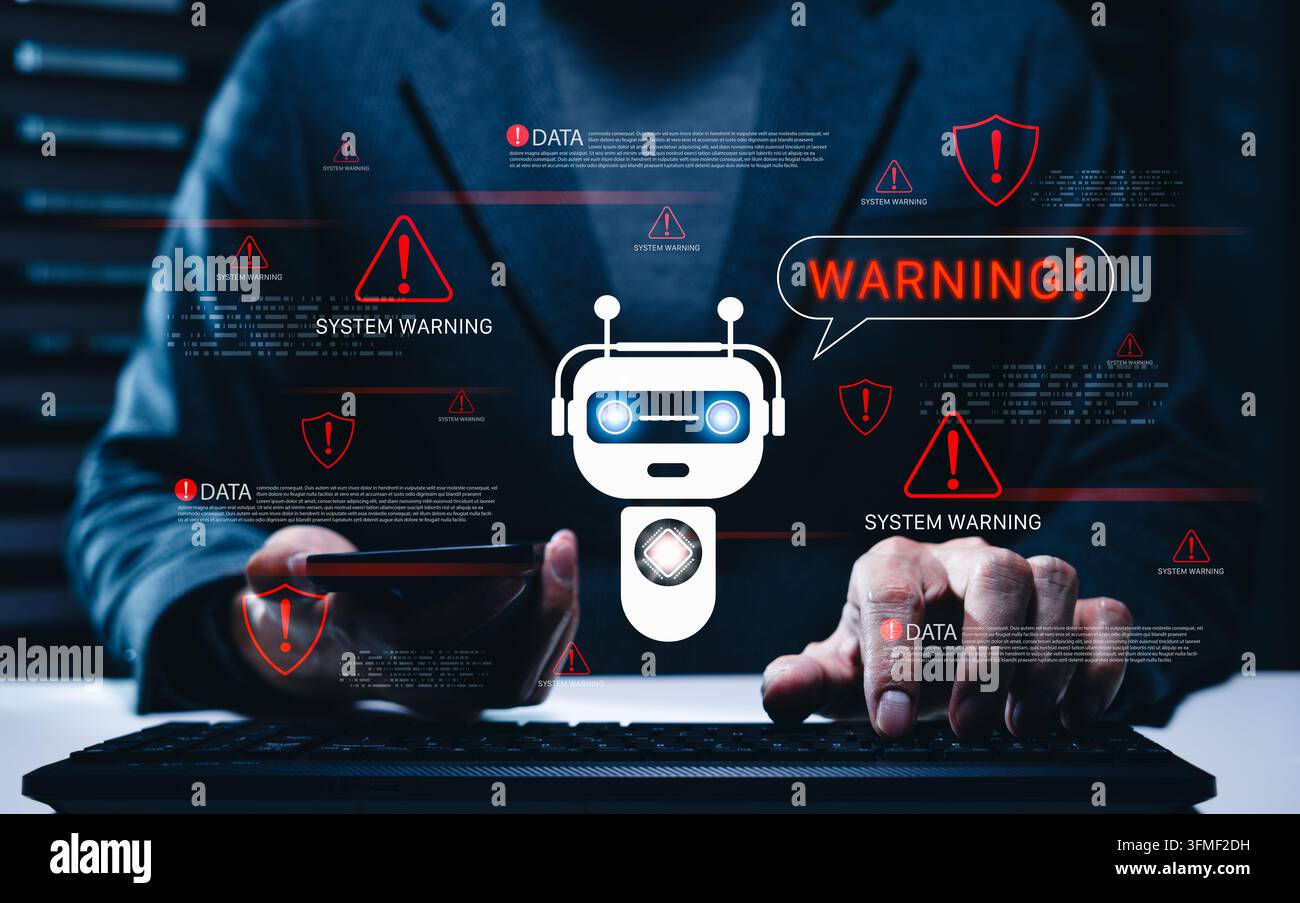 AI cybersecurity warning concept. Man using computer with chatbot detects system threats, data breach alerts, malware risks, network errors, digital s Stock Photo