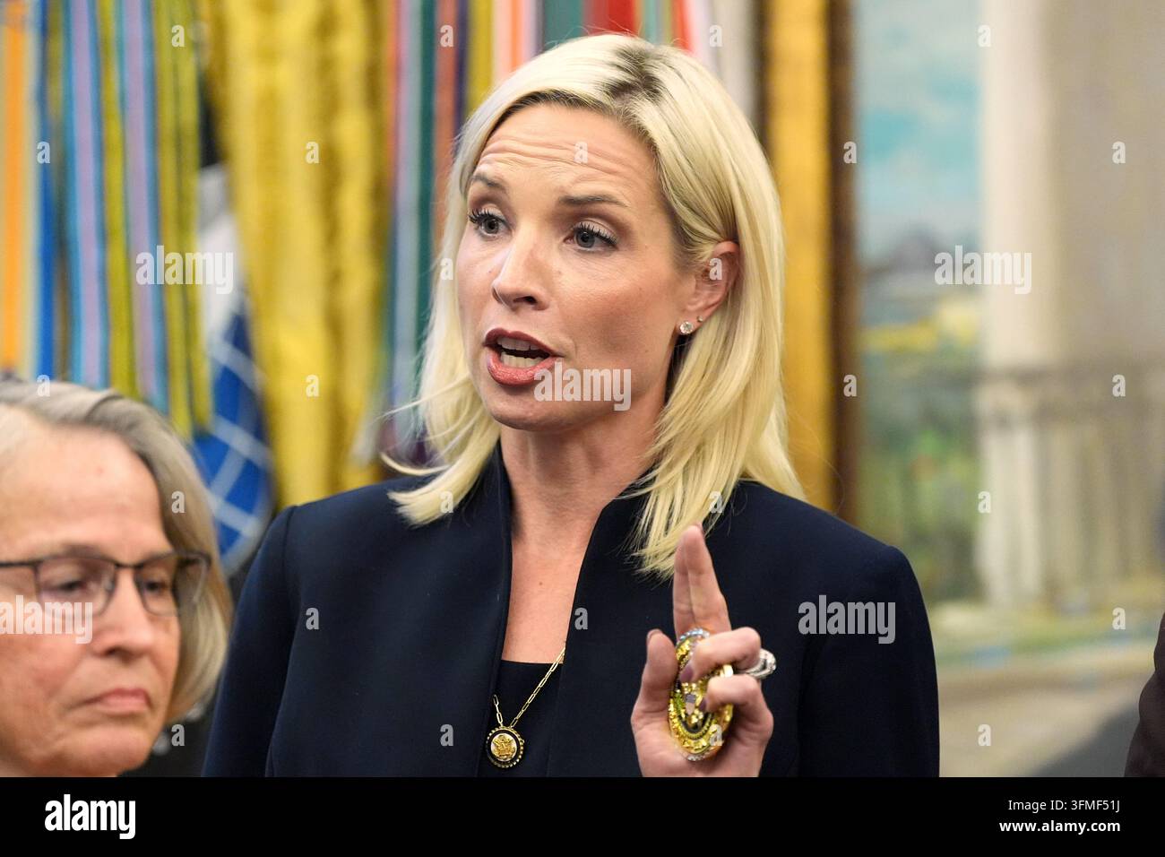Rep. Ashley Hinson, R-Iowa, speaks in the Oval Office of the White ...