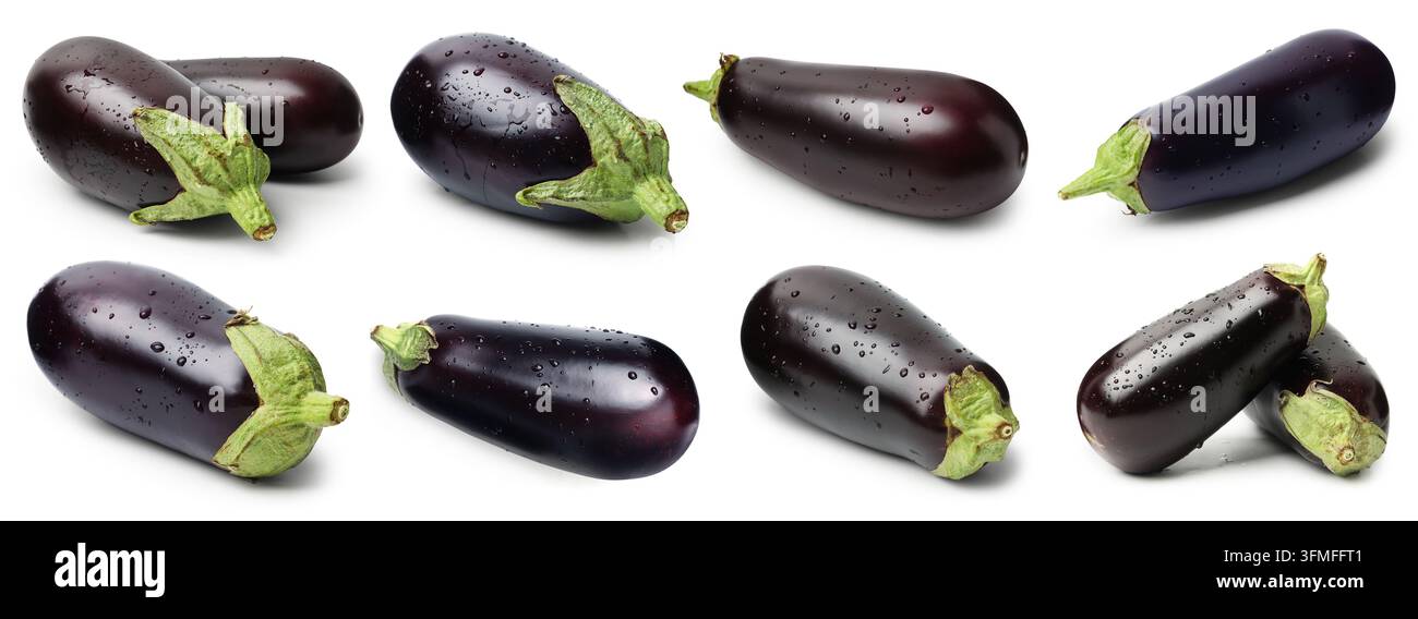 Fresh eggplants with water drops isolated on white, set Stock Photo
