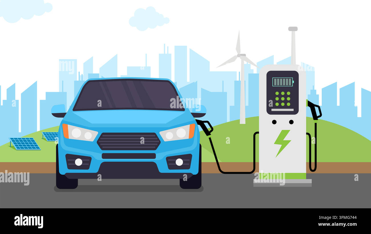 Electric Vehicle Charging at Sustainable Energy Station Stock Vector ...