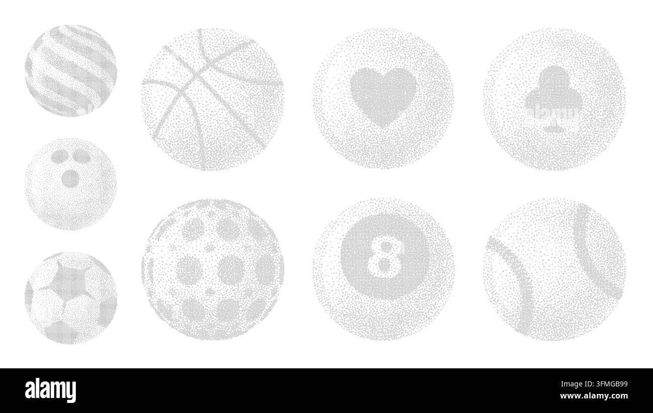 Sports balls and playing card suit spheres set in a modern pixel art style. This collection is great for design projects. Flat vector illustration. Stock Vector