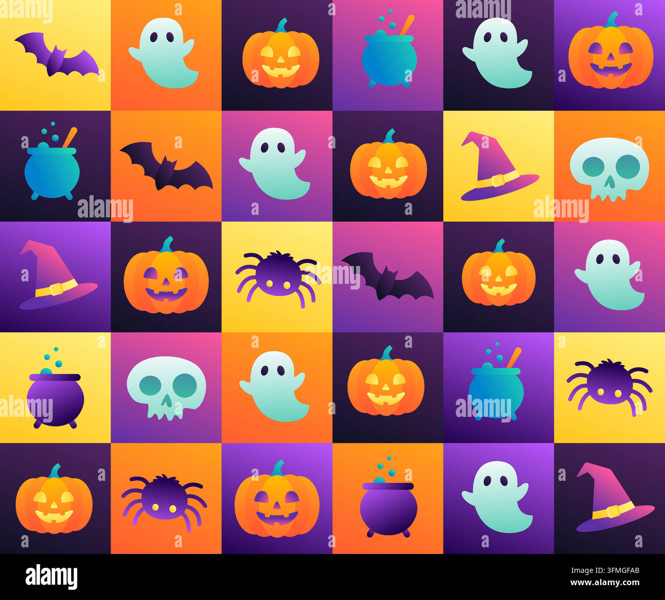 Halloween Icons Seamless Pattern with Pumpkins Ghosts Bats and Witch Hats on Colorful Grid Stock Vector