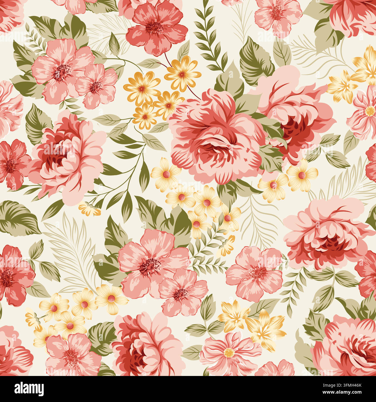 Seamless floral pattern featuring pink, yellow flowers and green leaves for textile or décor use Stock Vector